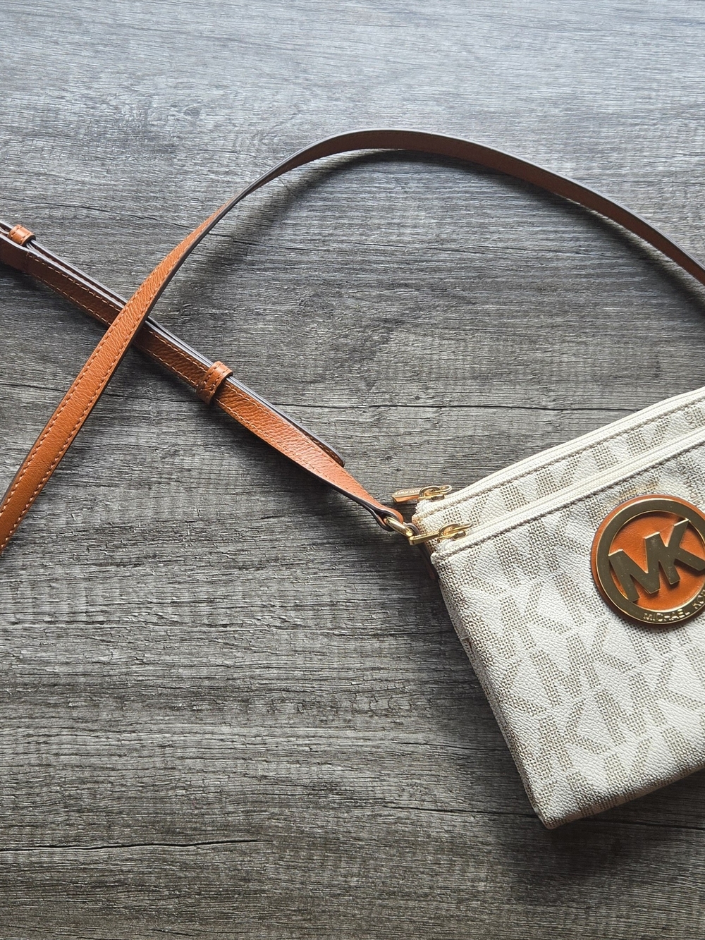 Michael Kors Cream Logo Crossbody with Brown Leather Strap